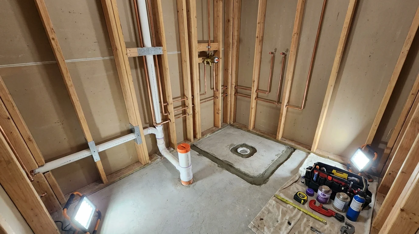 Bathroom rough-in plumbing during remodel by Johns Plumbing LLC in Dumont