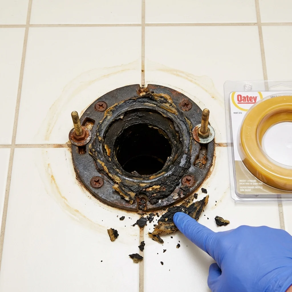 Failed wax ring showing water seepage at the base of a toilet in a Dumont, NJ home